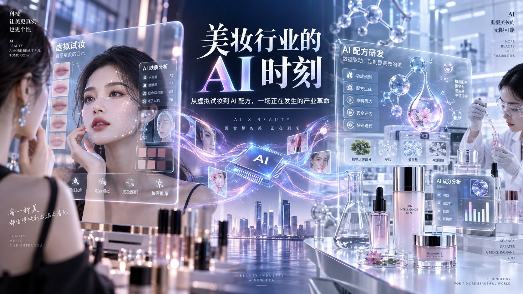 化妆品行业的AI时刻：虚拟试妆、AI肤质分析、AI配方研发与AI成分分析全链条示意图