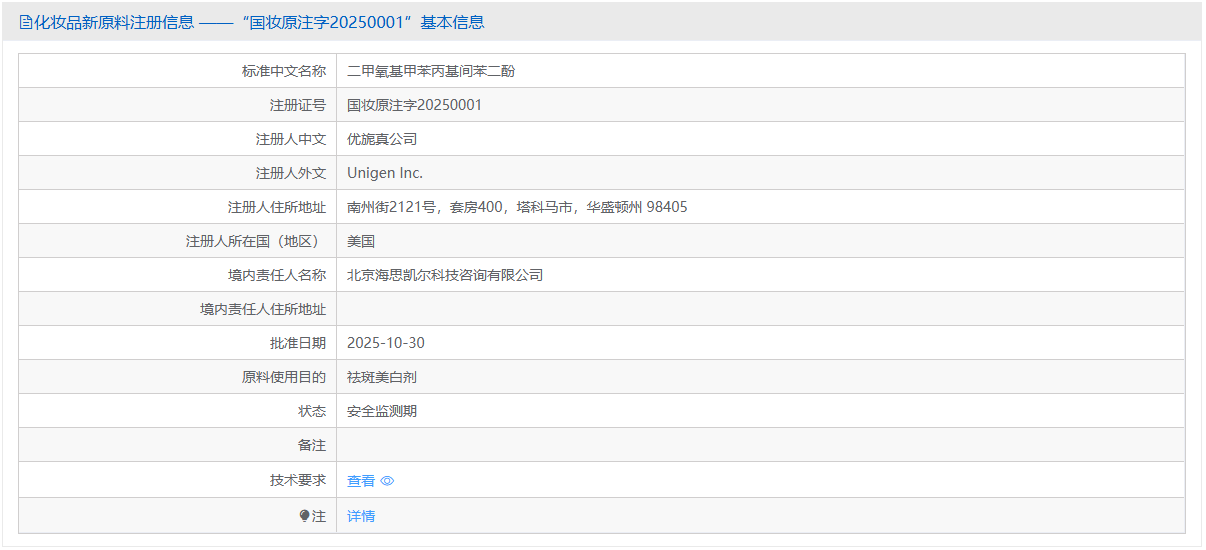 NMPA data query interface showing a registered cosmetic new ingredient