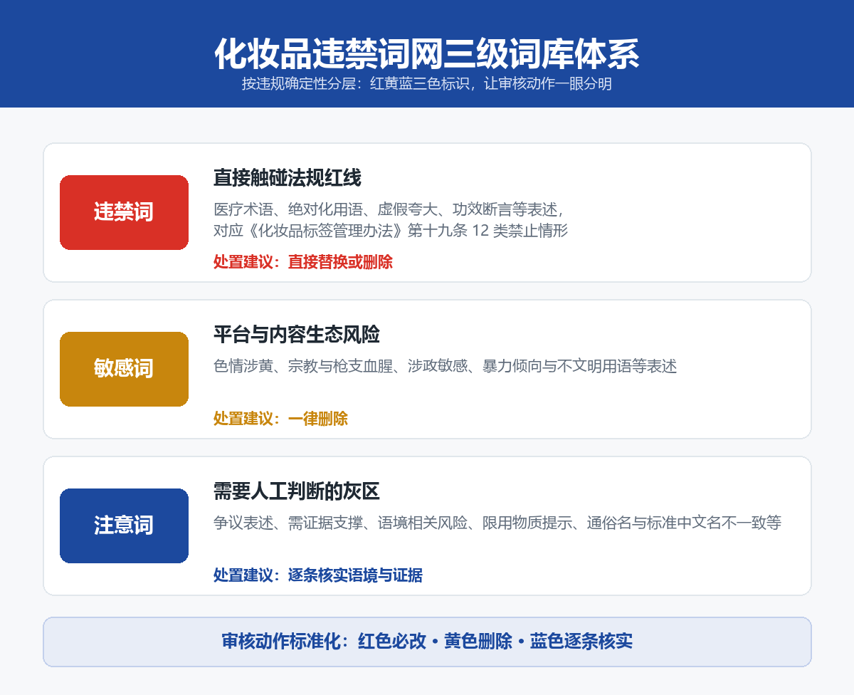 化妆品违禁词网三级词库体系：违禁词红色、敏感词黄色、注意词蓝色三级标识与处置建议