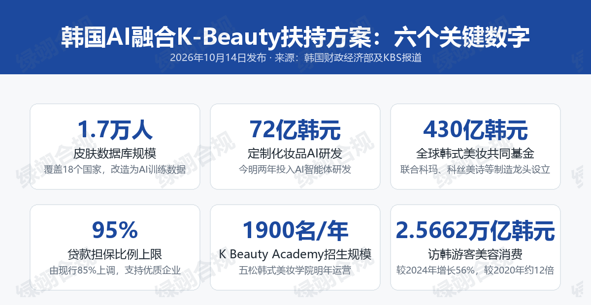 韩国AI融合K-Beauty服务扶持方案六个关键数字：1.7万人皮肤数据库、72亿韩元AI研发、430亿韩元共同基金、95%贷款担保比例、1900名年培养人才、2.5662万亿韩元旅游美容消费